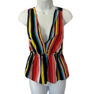 Asos women’s multicolor striped Cotton sleeveless peplum deep v neck top size 2